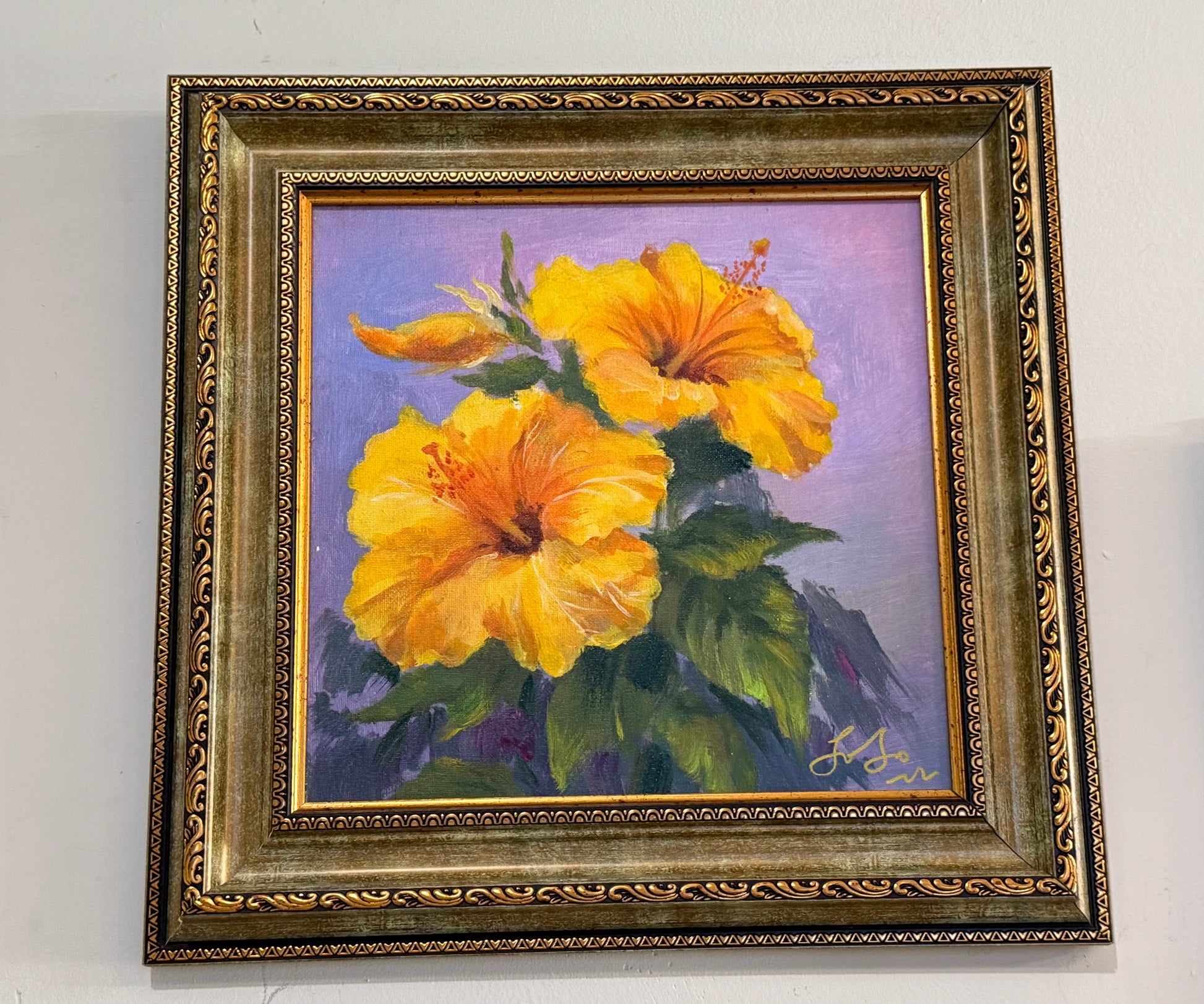 A beautifully hand-painted acrylic artwork featuring bright yellow hibiscus flowers against a soft purple background
