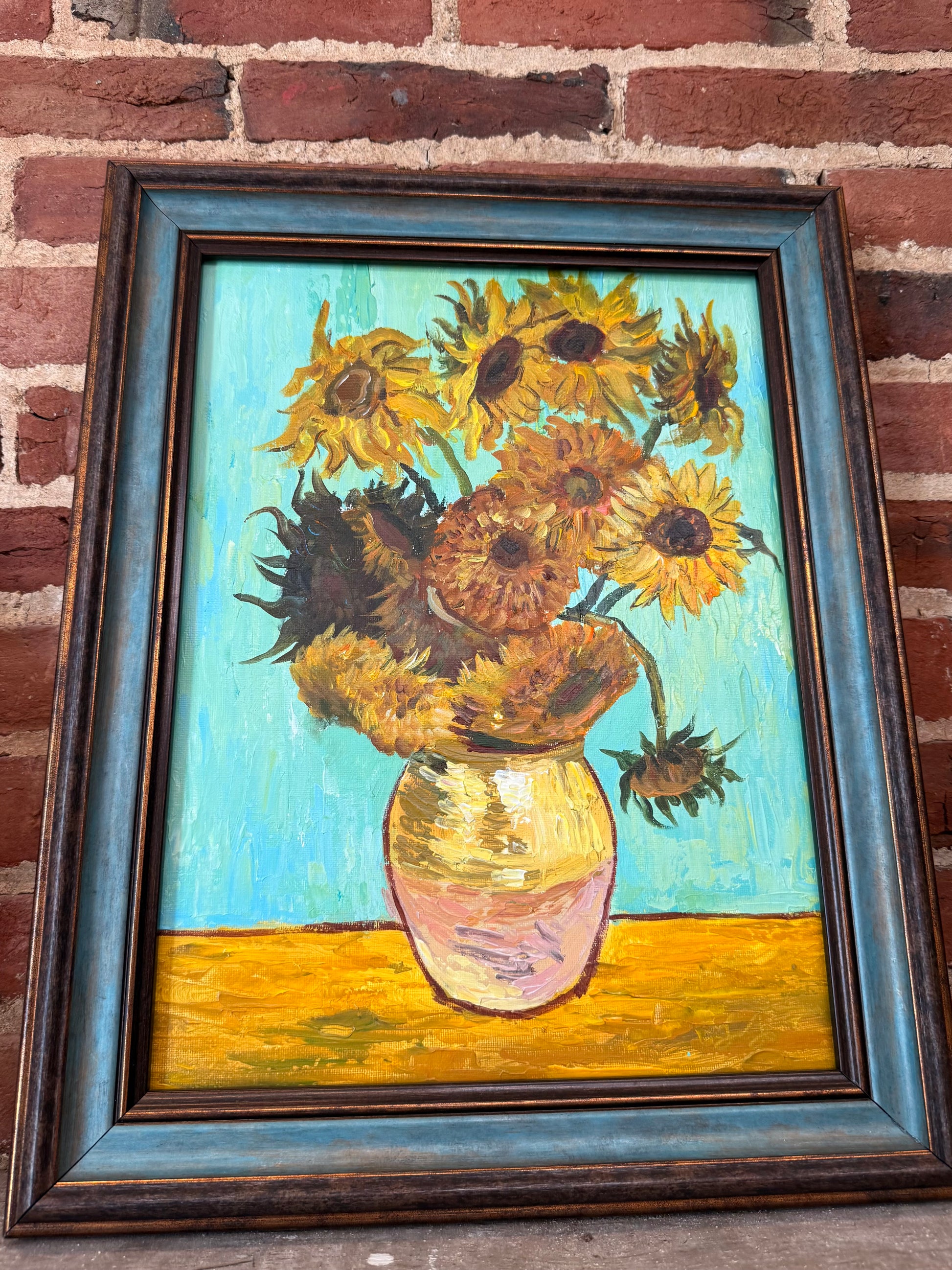 A beautifully hand-painted reproduction inspired by Van Gogh’s iconic ‘Sunflowers’.