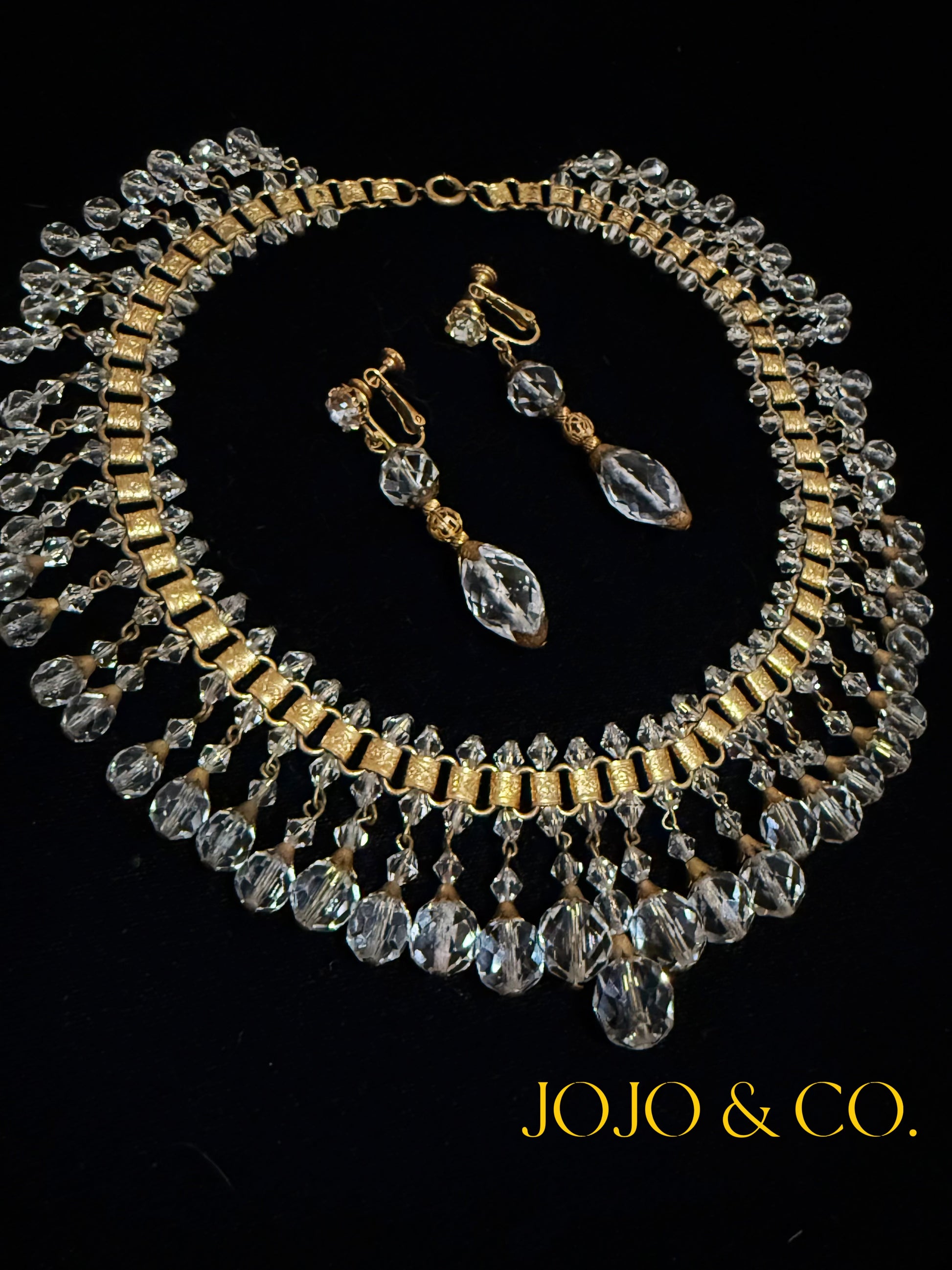 1940s Miriam Haskell crystal necklace with matching screw-back earrings