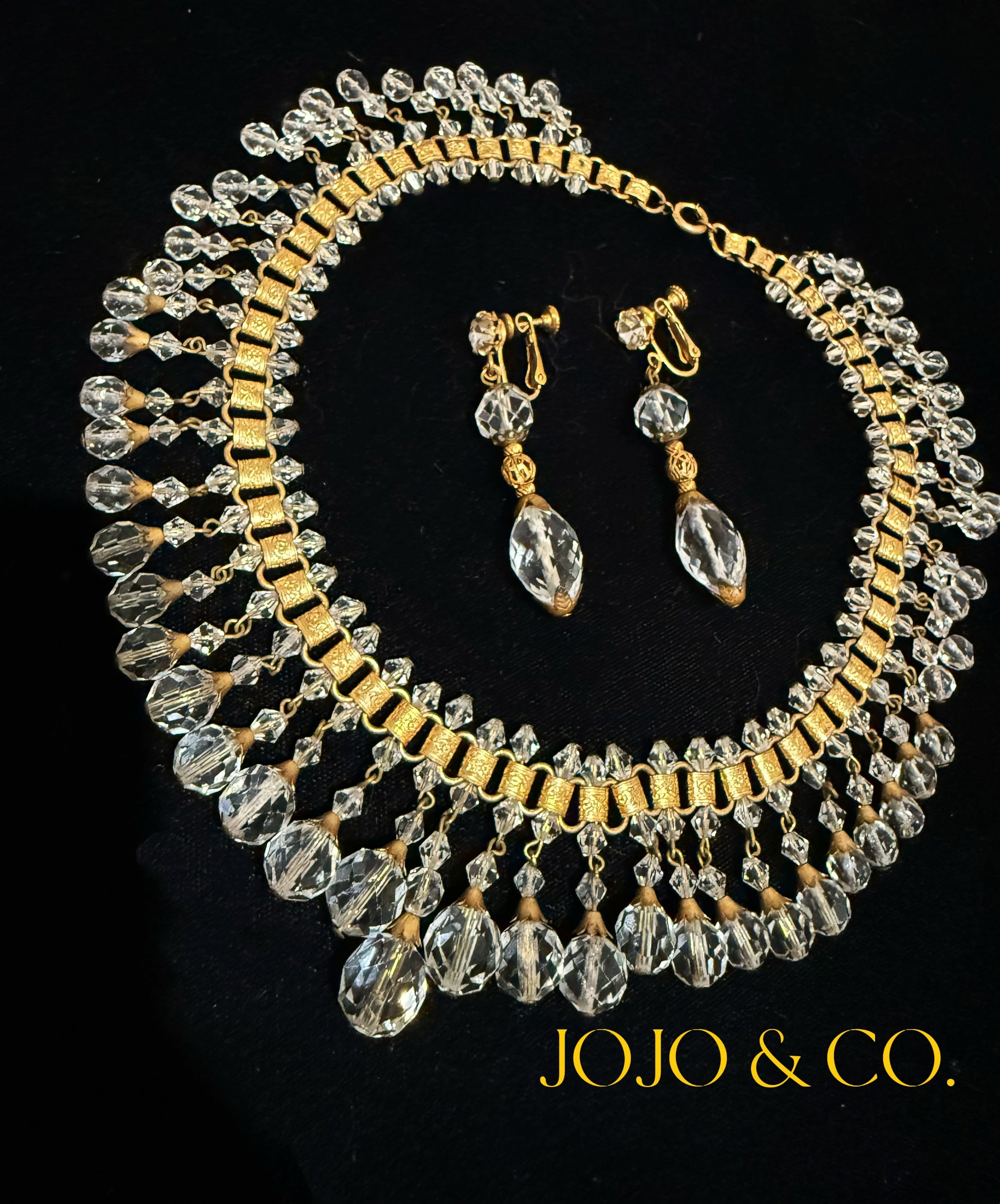 1940s Miriam Haskell crystal necklace with matching screw-back earrings