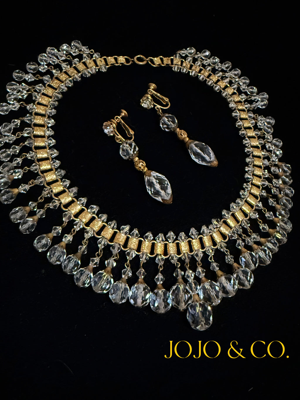 1940s Miriam Haskell crystal necklace with matching screw-back earrings