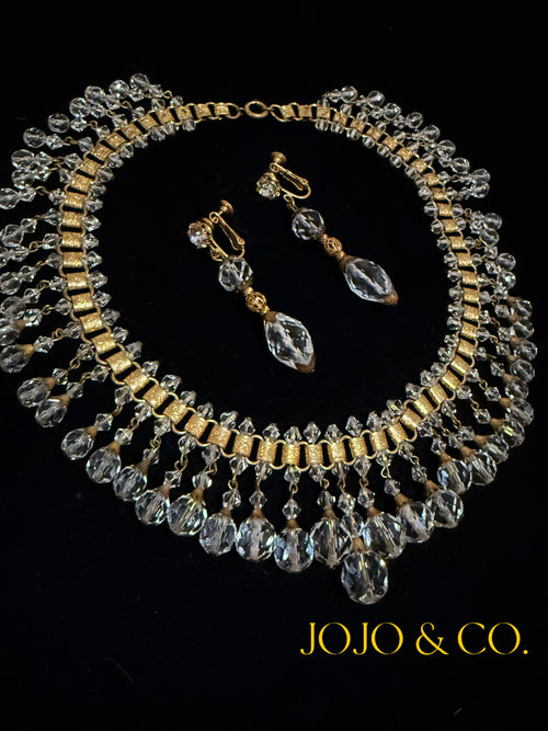 1940s Miriam Haskell crystal necklace with matching screw-back earrings