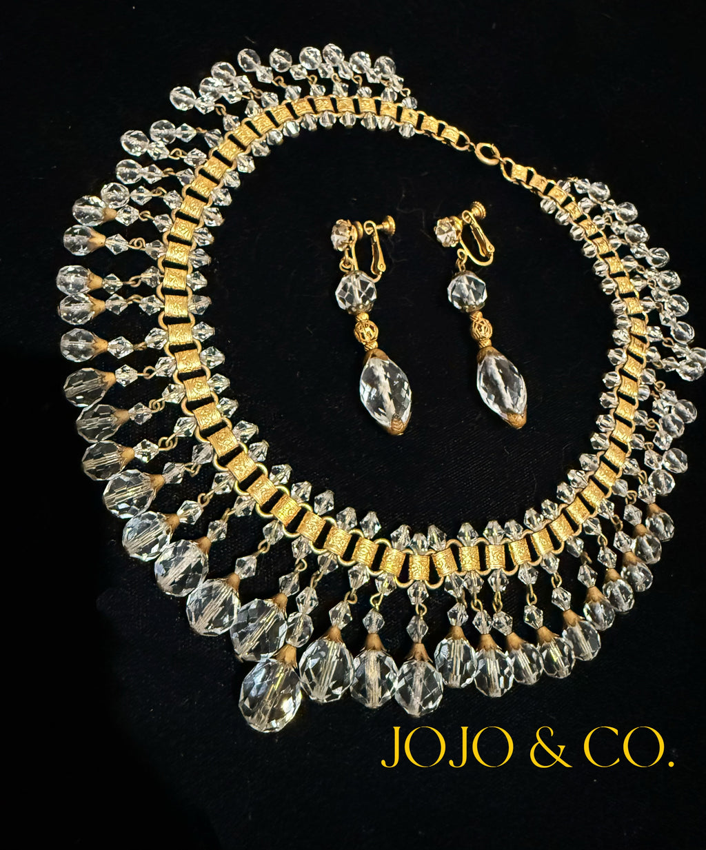 1940s Miriam Haskell crystal necklace with matching screw-back earrings