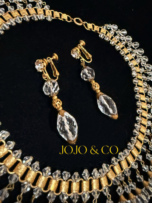 1940s Miriam Haskell crystal necklace with matching screw-back earrings